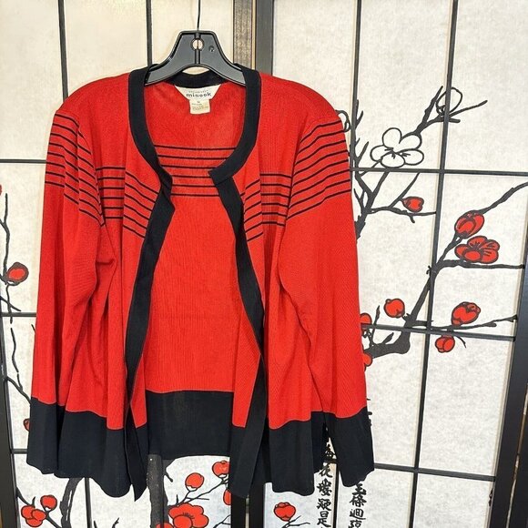 Vintage Misook womens Red black stripe open cardigan size M long sleeves - Picture 5 of 6